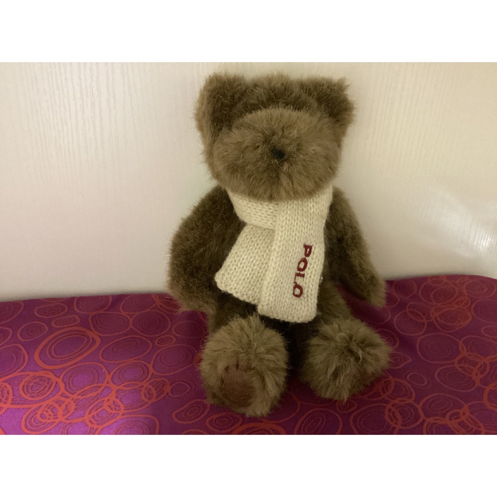 Vintage 2001 Ralph Lauren Polo Teddy Bear Set Brown Plush Navy Cream Scarves - Picture 5 of 7